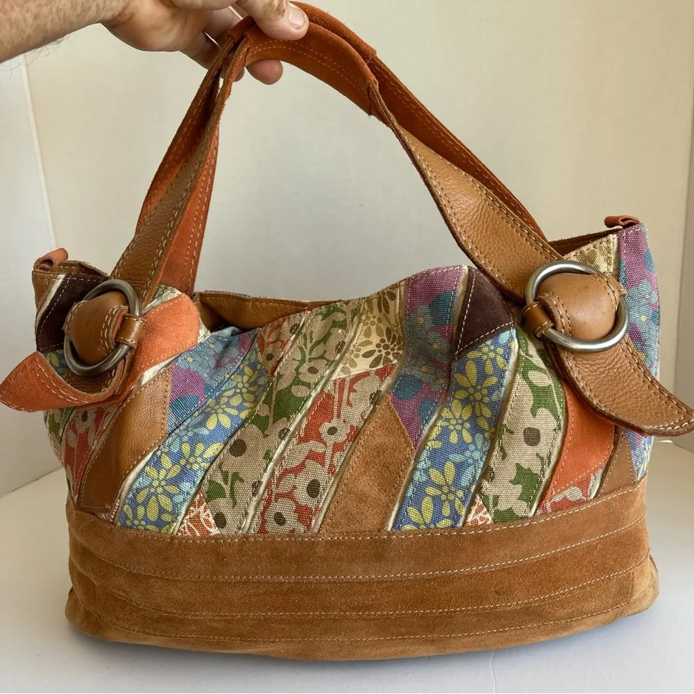 Patchwork Floral Suede & Leather Tote - Tan Multi